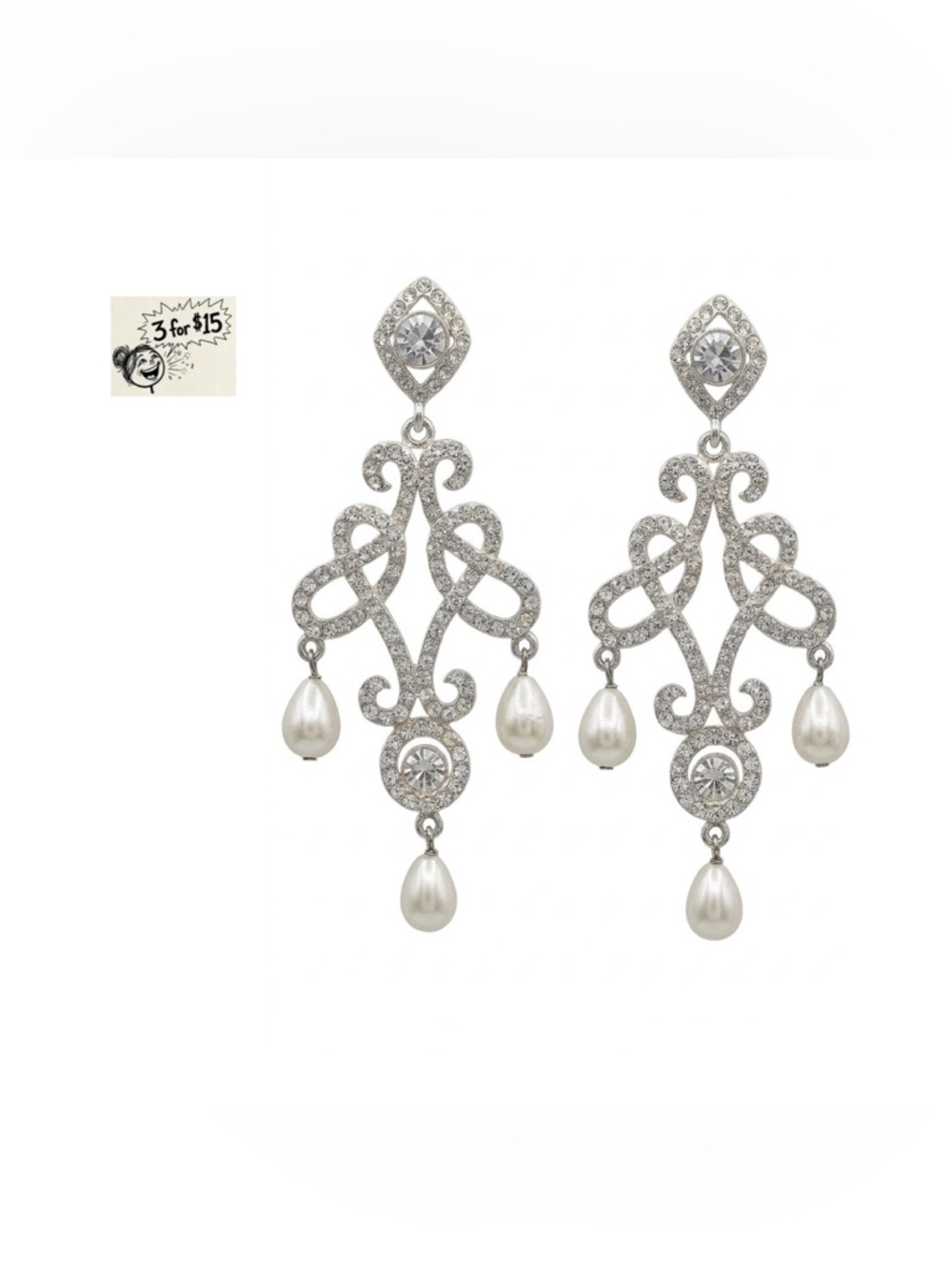 Classic Silver Crystal & Pearl Chandelier Earrings - Women Jewelry